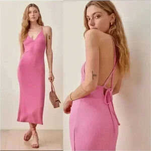 Reformation Brant Dress Candy Pink Open Back V-Neck Midi Party Slim Size XS